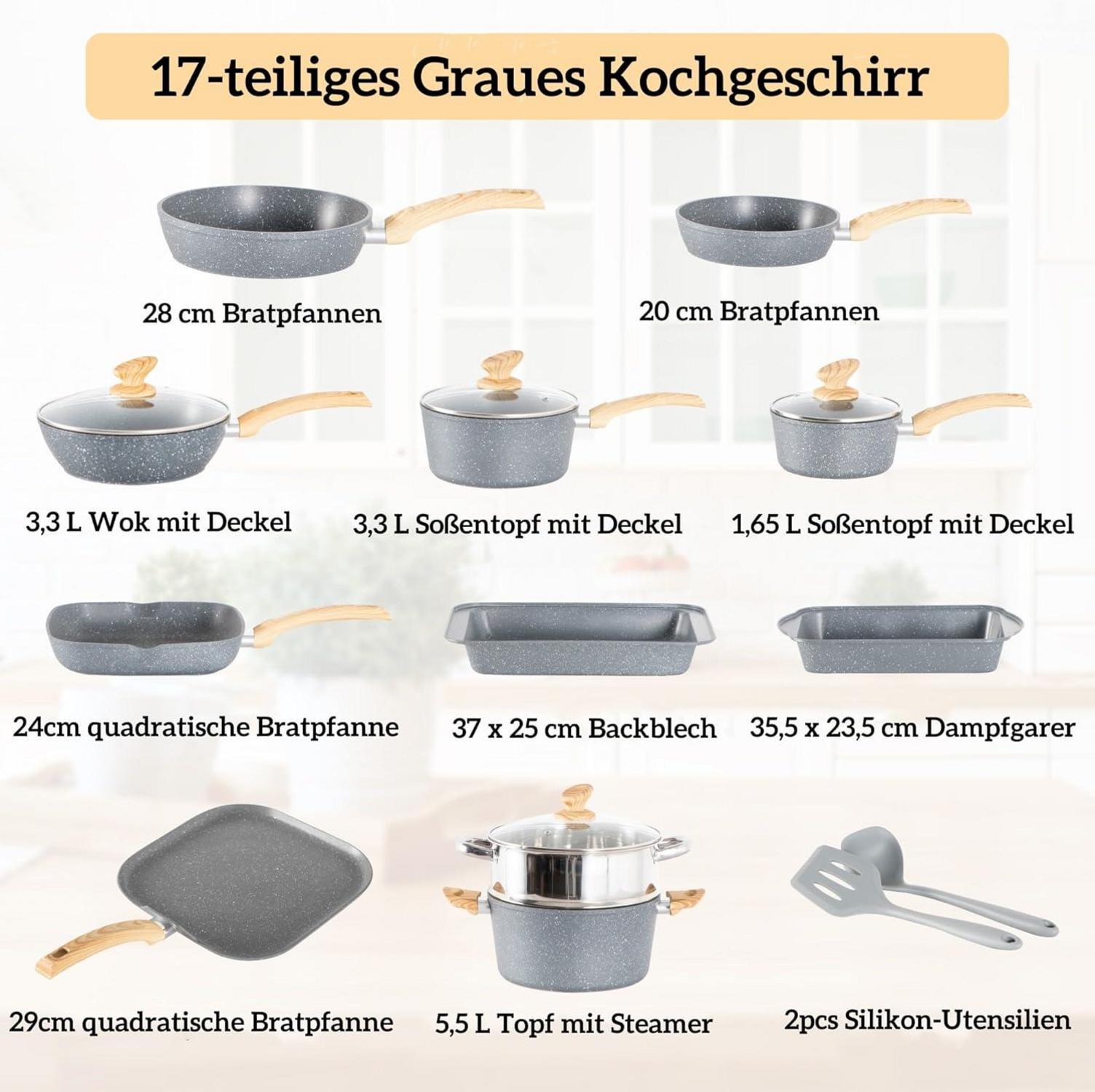 Topfset 17-teilig Induktion Granitbeschichtung Glasdeckel Pfannen