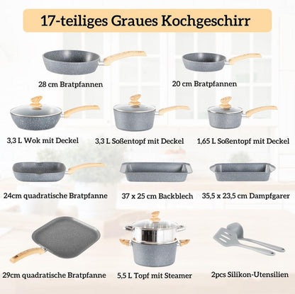 Topfset 17-teilig Induktion Granitbeschichtung Glasdeckel Pfannen