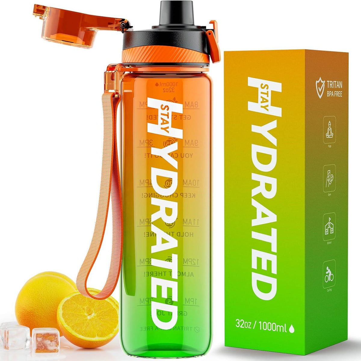 Trinkflasche 1L BPA-frei Tritan Sport Zeitmarkierung Taglilie Orange