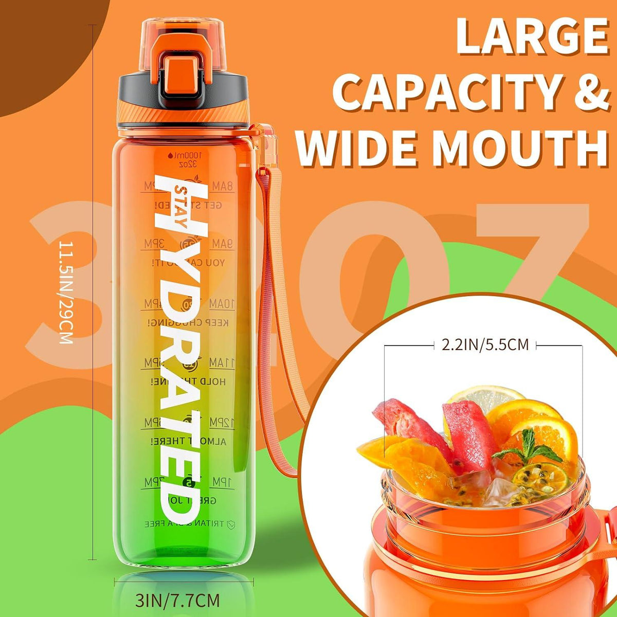 Trinkflasche 1L BPA-Frei Tritan Sport Zeitmarkierung Orange