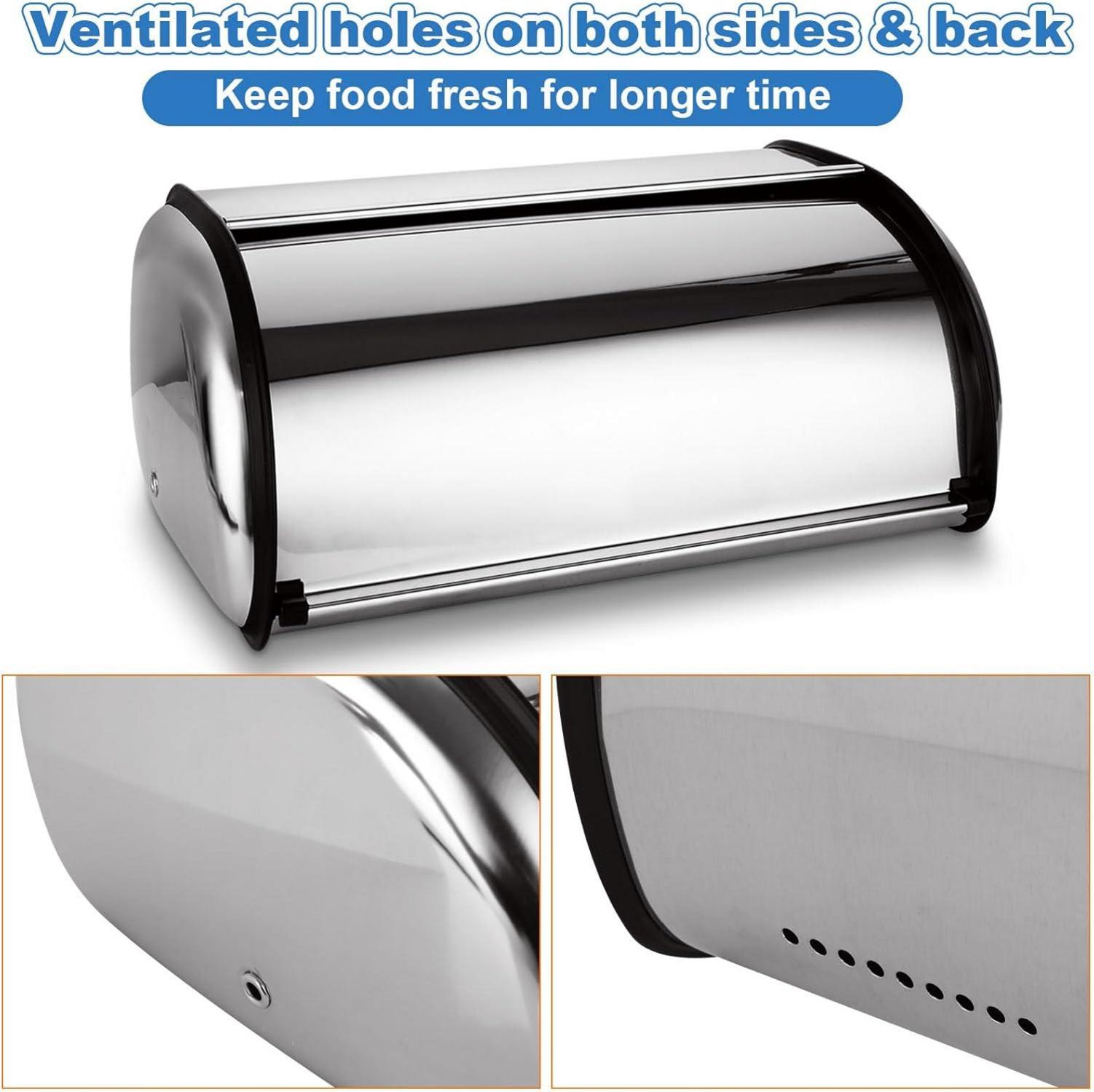 Brotkasten Silber Roll-Top Metall Rolldeckel Edelstahl 34x23x14.5cm Schiebedeckel
