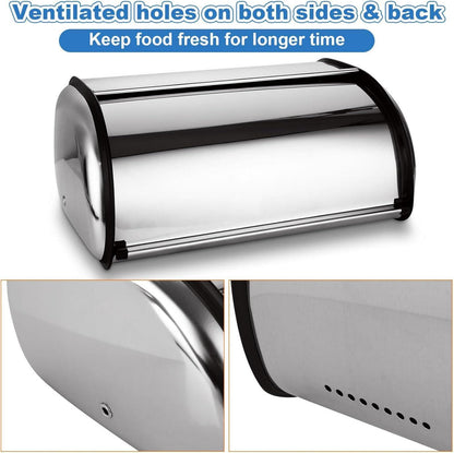 Brotkasten Silber Roll-Top Metall Rolldeckel Edelstahl 34x23x14.5cm Schiebedeckel