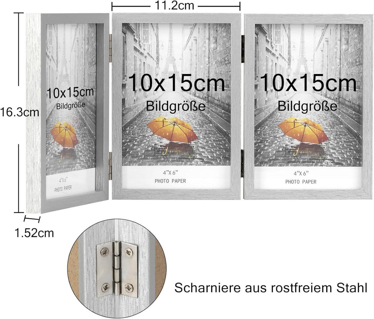 Bilderrahmen für 3 Fotos klappbar mit Glasfront vertikaler Ständer