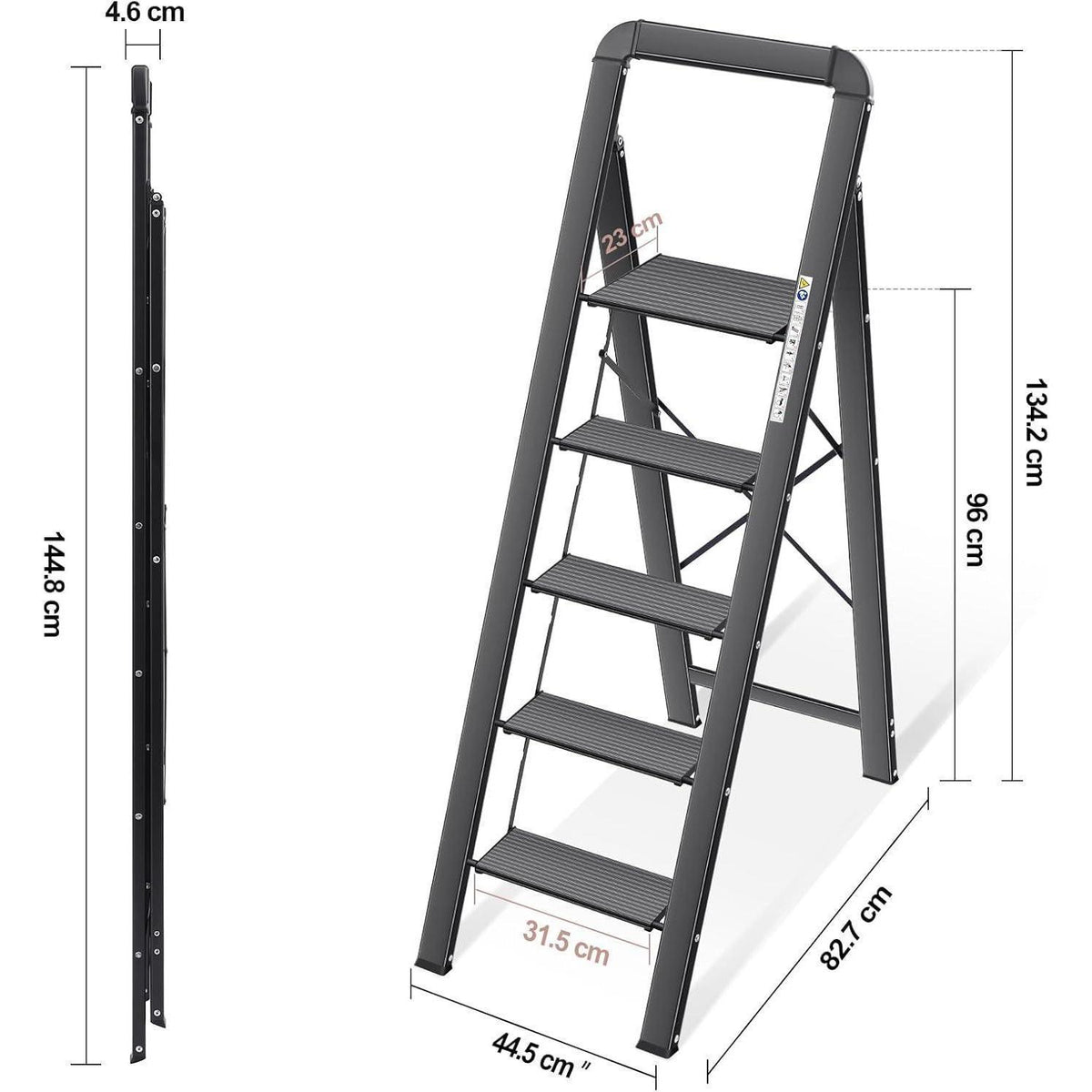 Klappbare Aluminium-Stufenleiter mit Handlauf, 5 Stufen, 150 kg