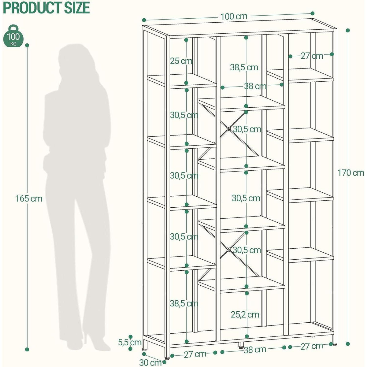 Standregal 6 Ebenen – Vintagebraun & Schwarz, 30x100x170cm