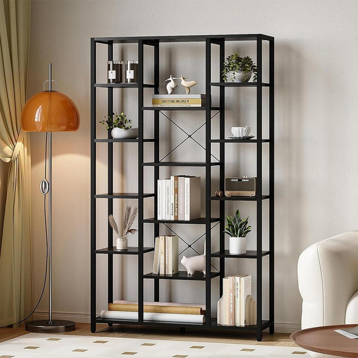 Standregal 6 Ebenen – Verstellbar, Schwarz & Holzoptik