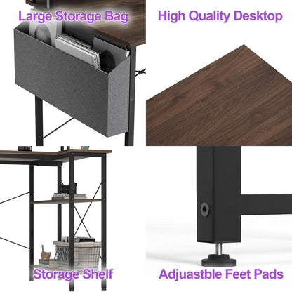 BEXEVUE Eckschreibtisch LED Steckdosenleiste 120x70 cm Ergonomic L-förmiger Ablagefächer
