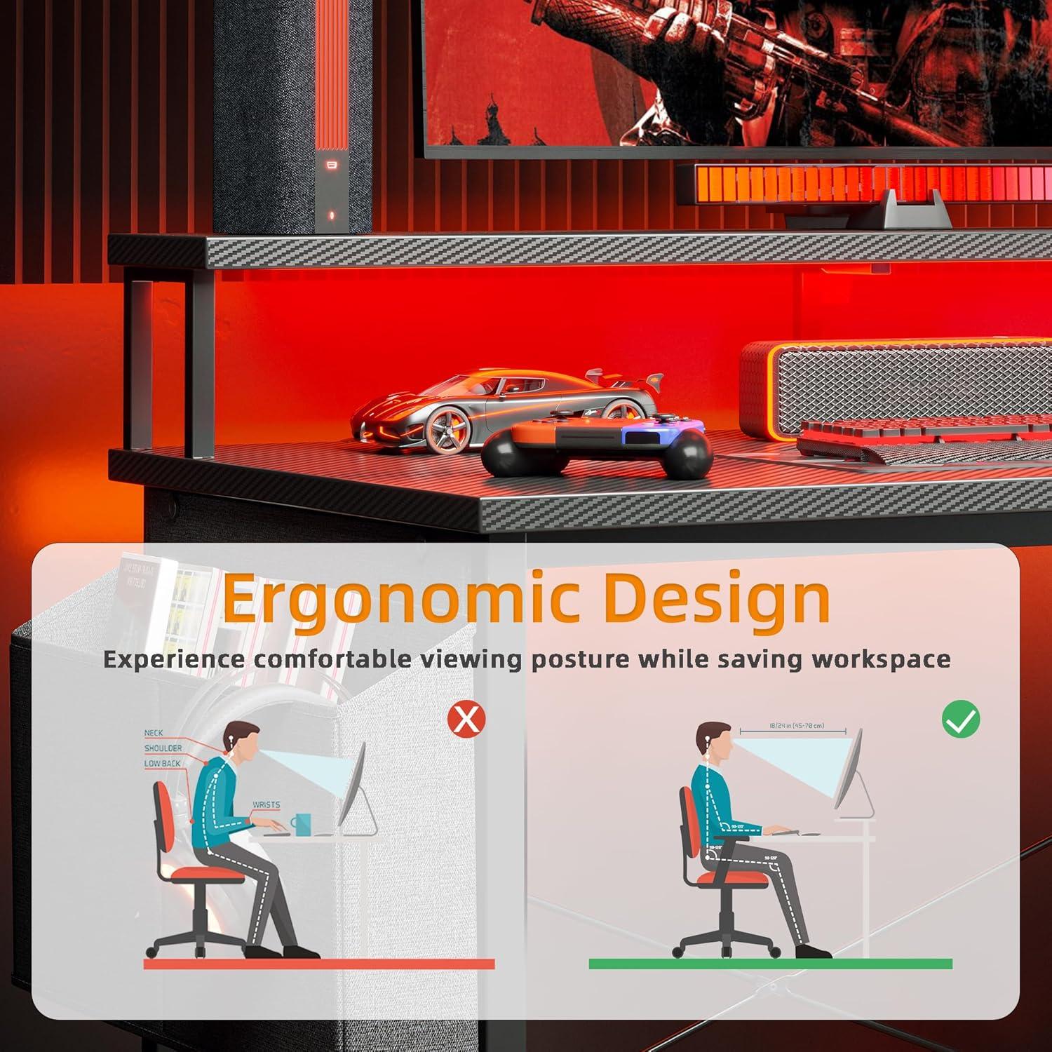 Eckschreibtisch mit Steckdosenleiste LED 120x70 cm Ablagefächer Computertisch