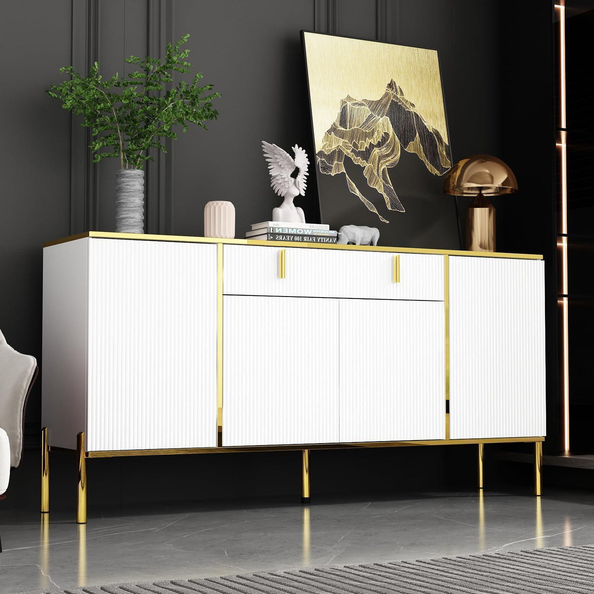 Weißes Sideboard mit 4 Türen & Schublade – 160cm Wohnzimmerschrank