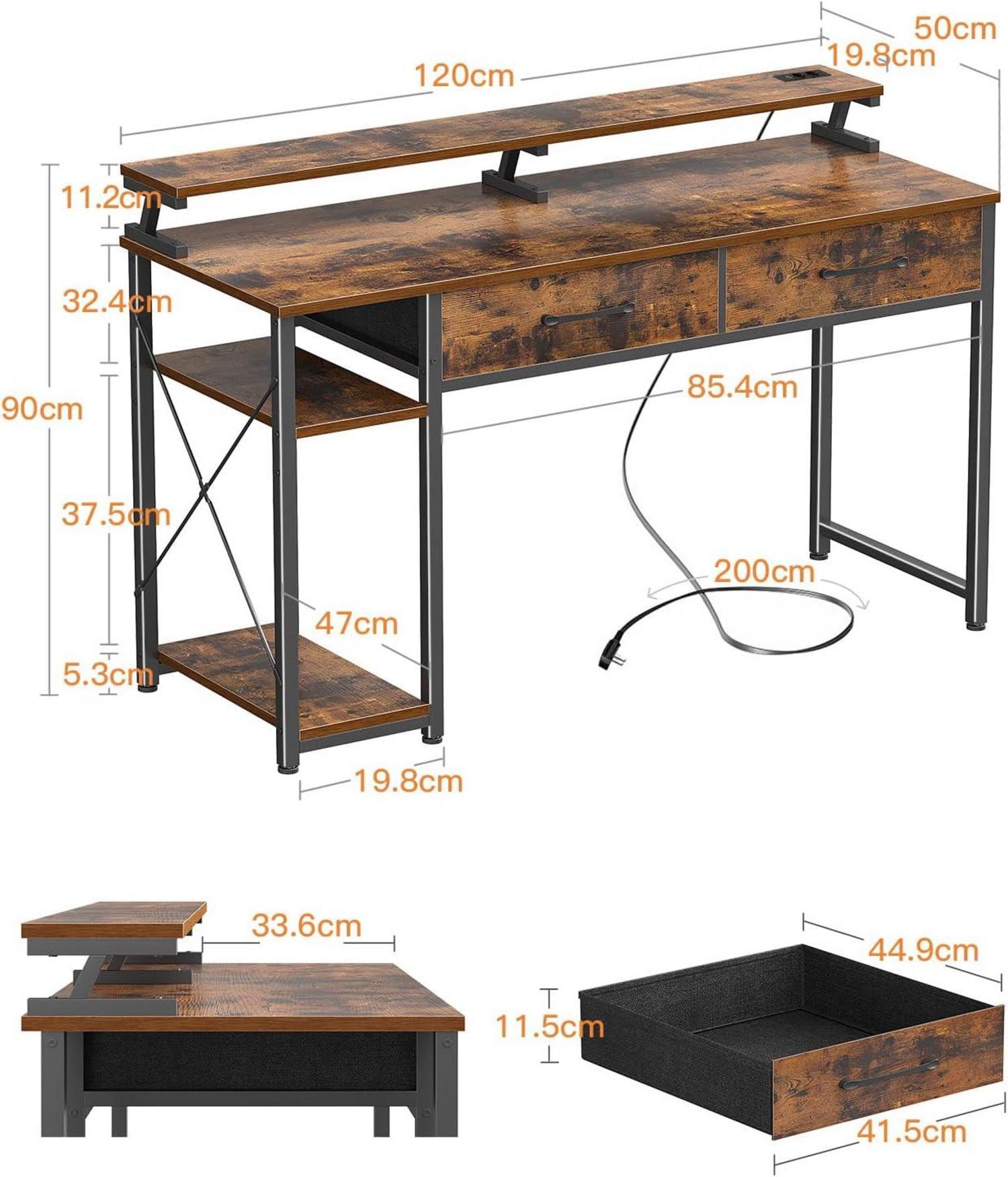 Schreibtisch mit 2 Schubladen und USB-Ladeanschluss, 120x50cm