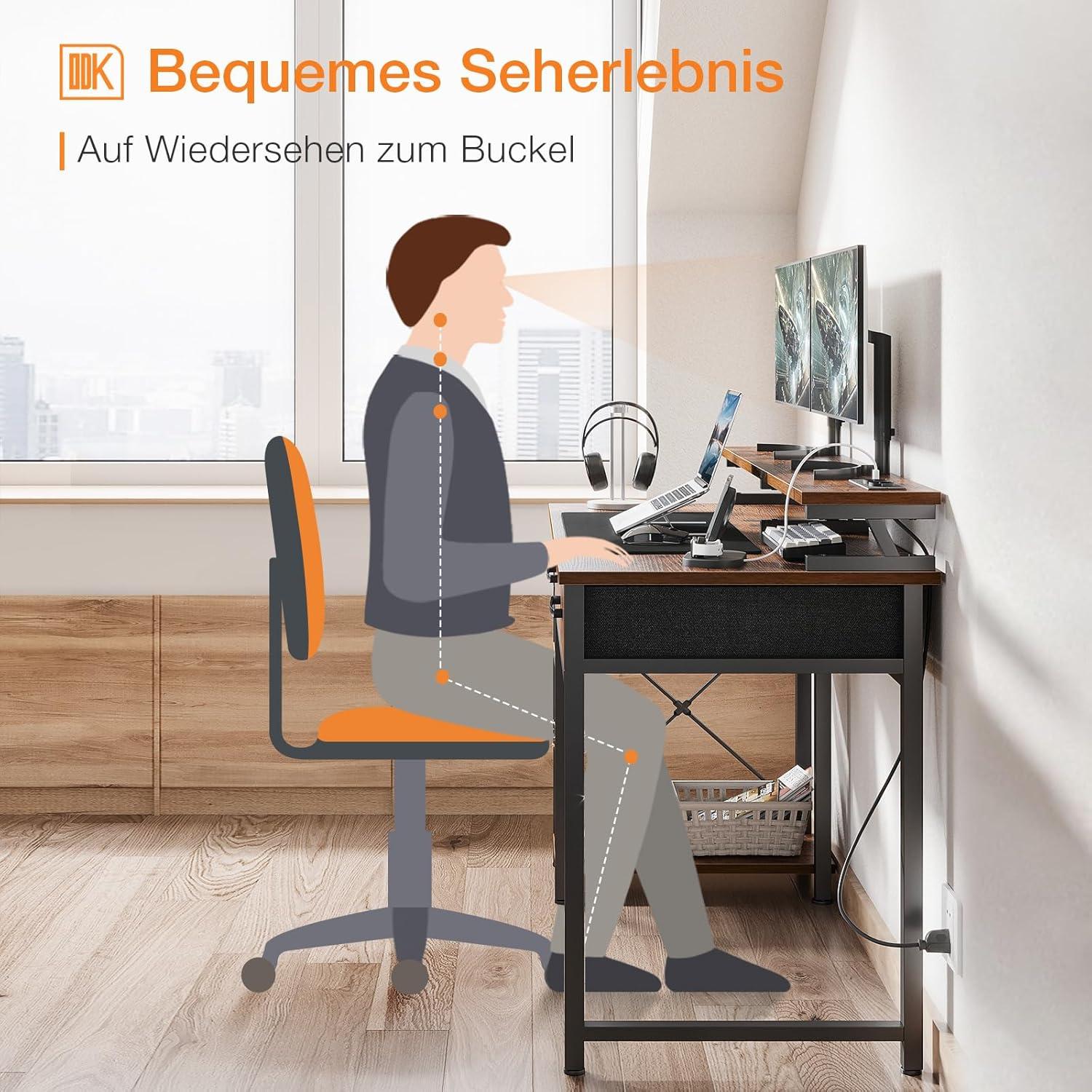 ODK Computertisch mit Schubladen und USB-Ladeanschluss, 120x50x90cm, Rustikales Braun