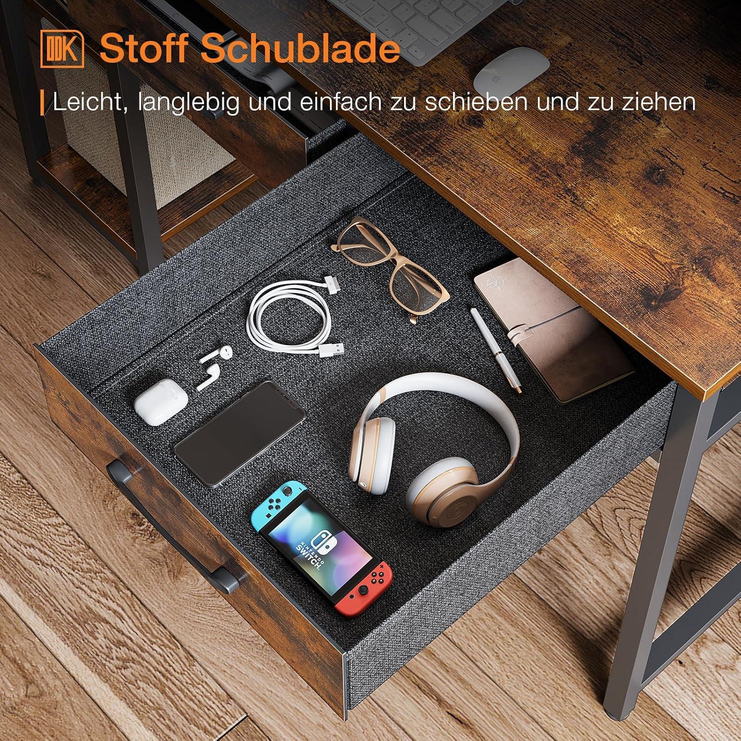 ODK Computertisch mit 2 Schubladen, Steckdose, USB-Anschluss 120x50x90cm Braun