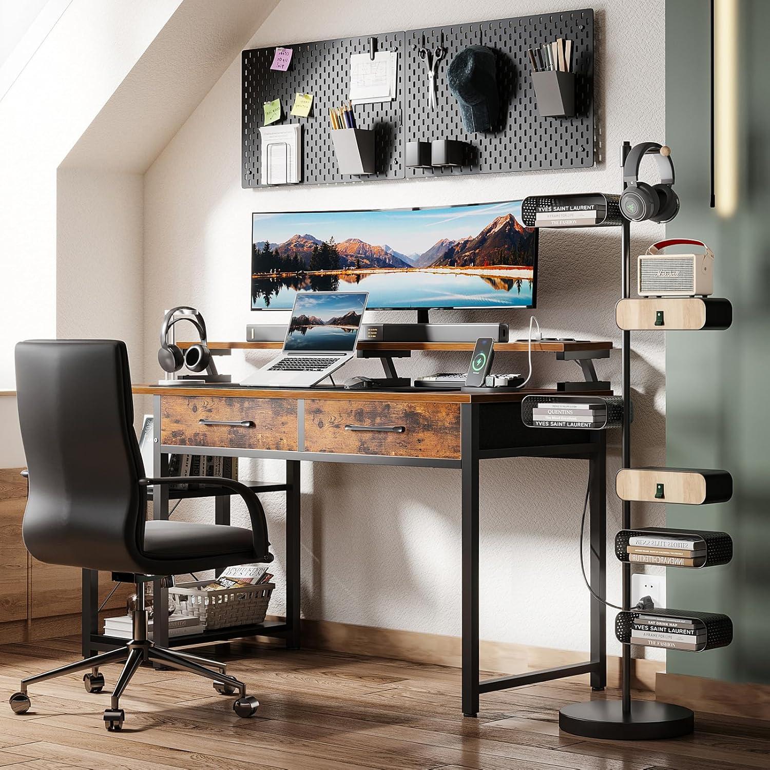 ODK Computertisch mit Schubladen und USB-Ladeanschluss, 120x50x90cm, Rustikales Braun