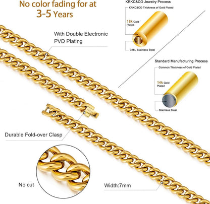 KRKC&CO Herren Panzerkette Edelstahl 18K Gold Cuban Link Chain 61cm 7mm Gold
