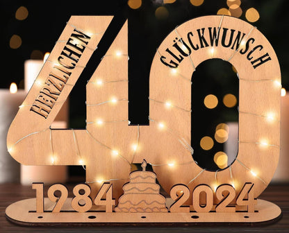 Originelles 40. Geburtstag Geschenk mit LED Lichterkette - Holz