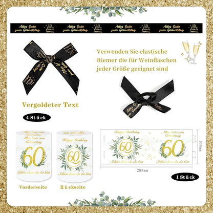 HOWAF 60. Geburtstag Flaschenetiketten Set mit Schleife & Windlicht