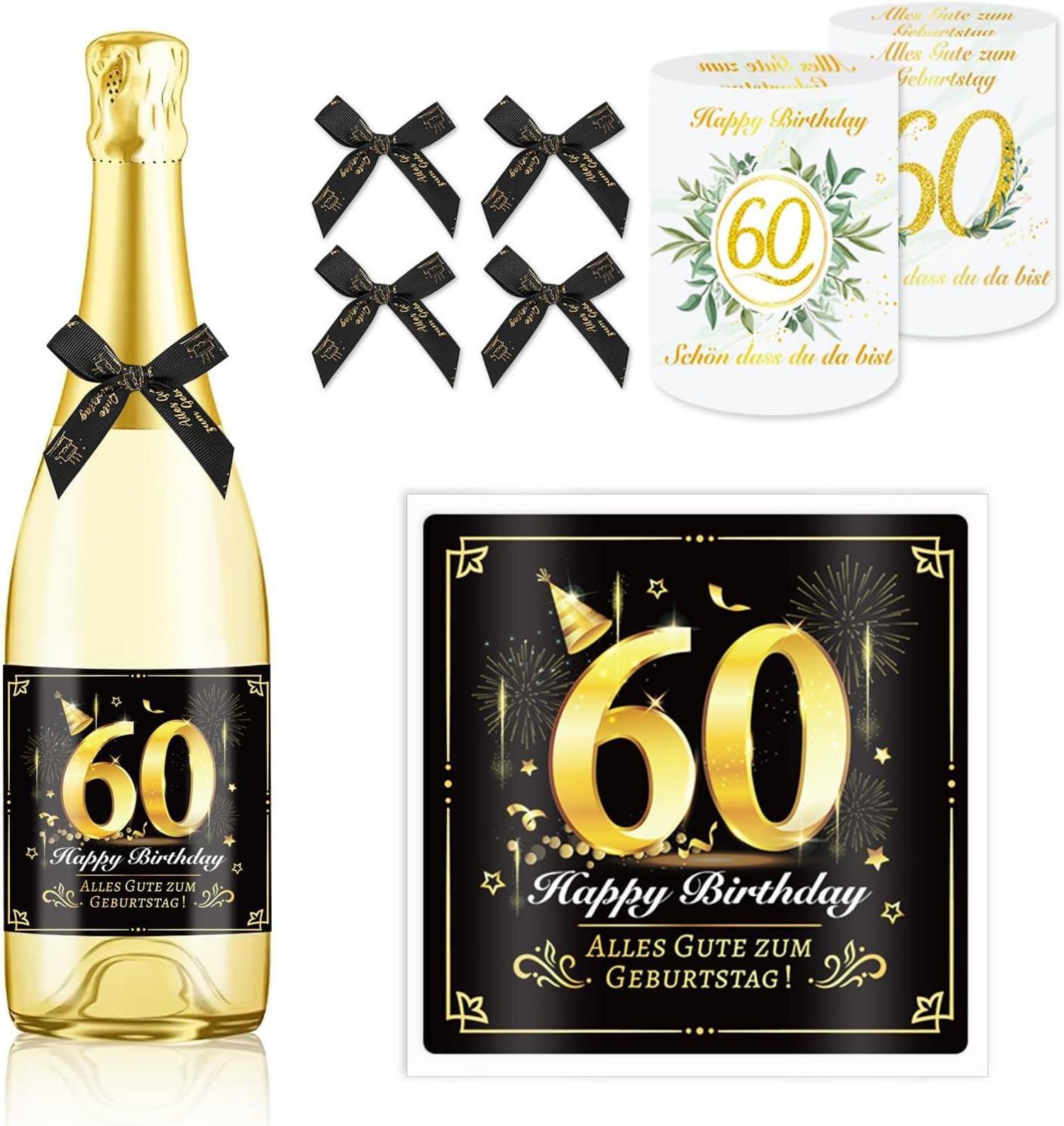 4 Flaschenetiketten 60. Geburtstag Schleife Windlicht Tischdeko 60. Geburtstagsgeschenk