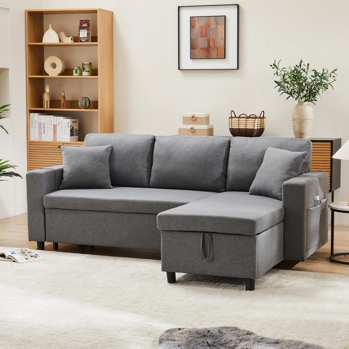 Schlafsofa mit Stauraum & Chaiselongue – Modernes Wohnzimmer Sofa Grau