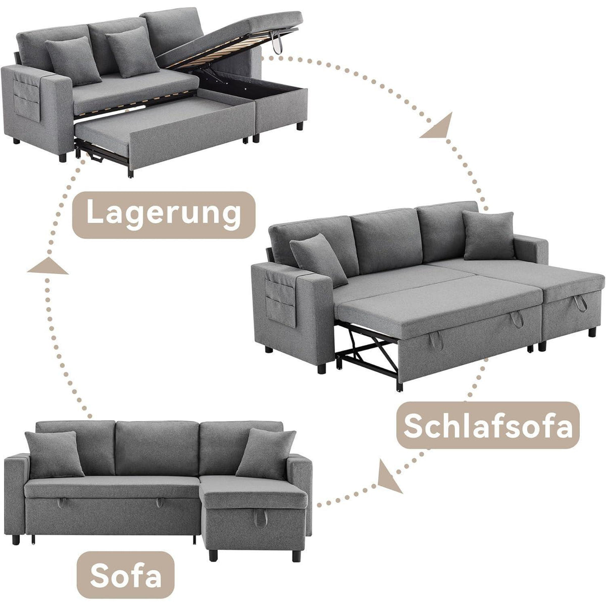 Schlafsofa mit Stauraum & Chaiselongue – Modernes Wohnzimmer Sofa Grau