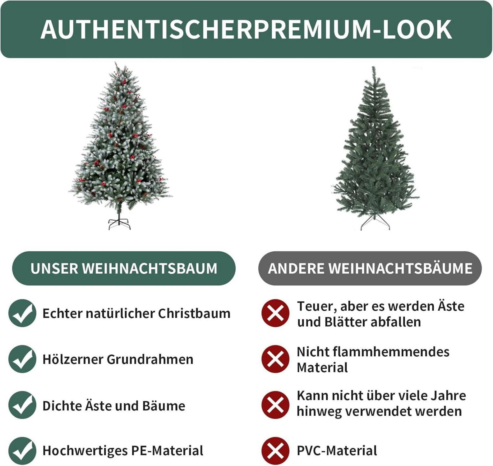 EDWINENE Künstlicher Weihnachtsbaum 150 cm PE/PVC dicht gefüllt rote Beeren
