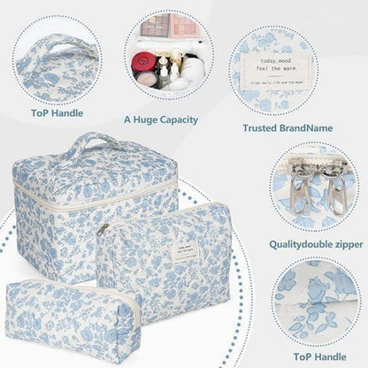 3er Kosmetiktasche Set Blumenmuster Gesteppt Aesthetic Makeup Bag