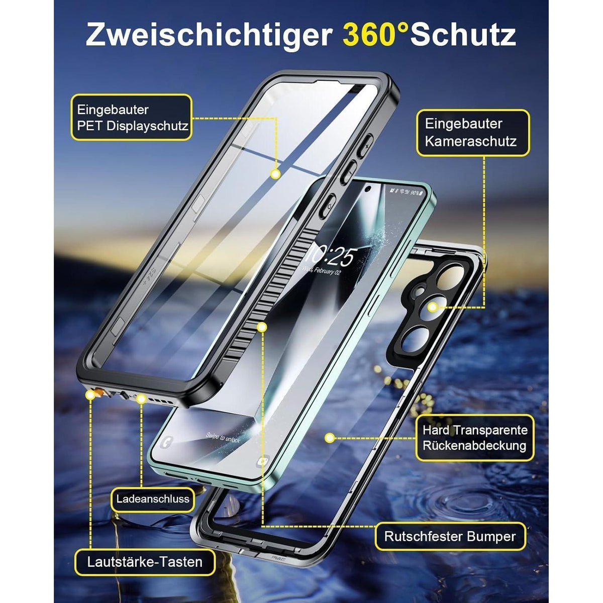 Wasserdichte Hülle für Samsung Galaxy S24, 360° Schutz, Schwarz