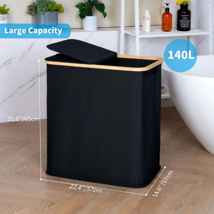 140L Wäschekörbe mit Deckel 2 Fächer Schwarz Leinen