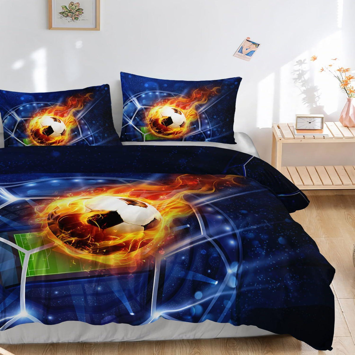 Flammenfußball Bettwäsche-Set 200x200 cm | 2 Kissenbezüge