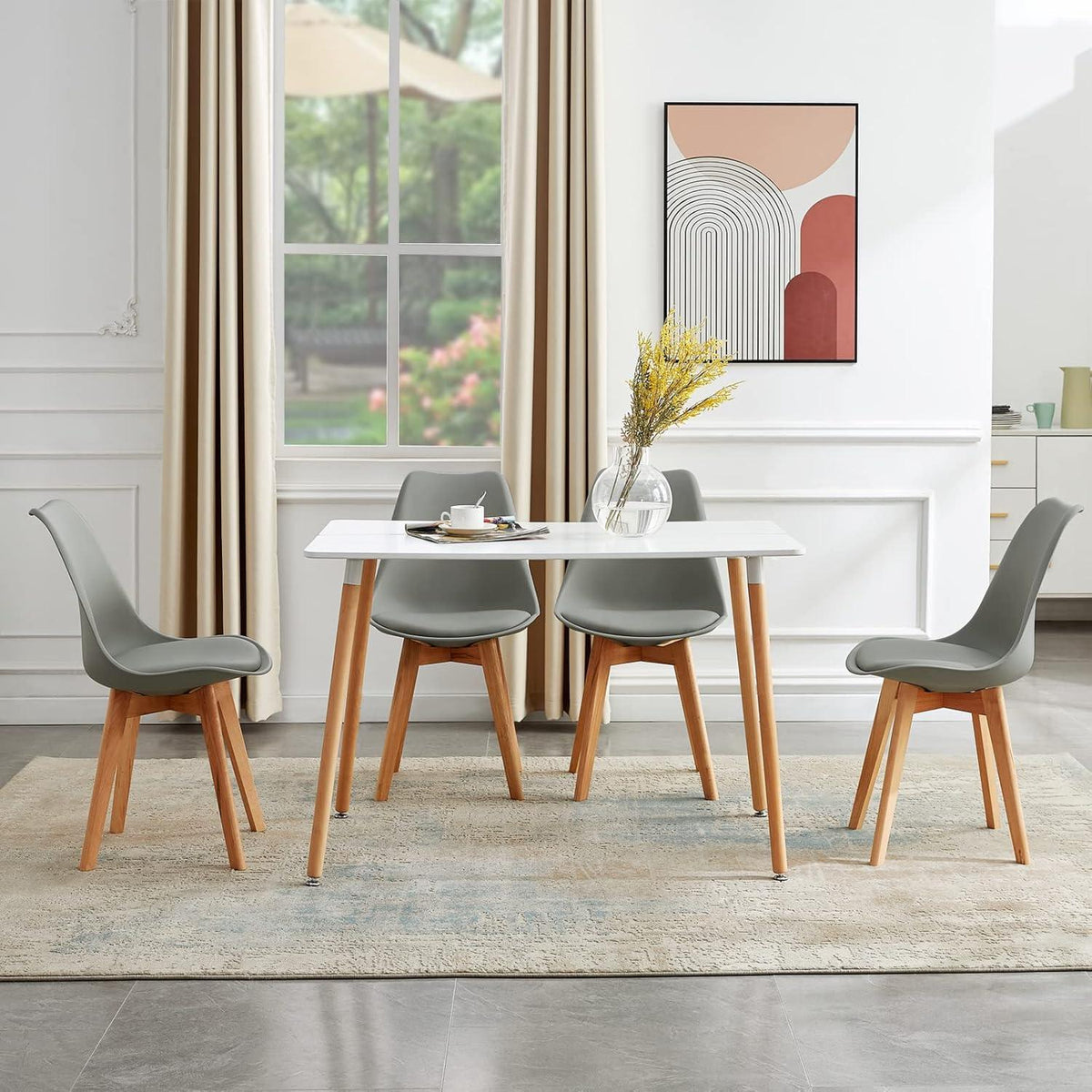 Rechteckiges Esszimmer-Set weißer Tisch + 4 graue Stühle