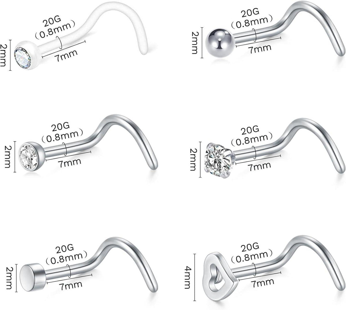 8er Nasenpiercing Set 20G 18G Chirurgenstahl Kristall Gold