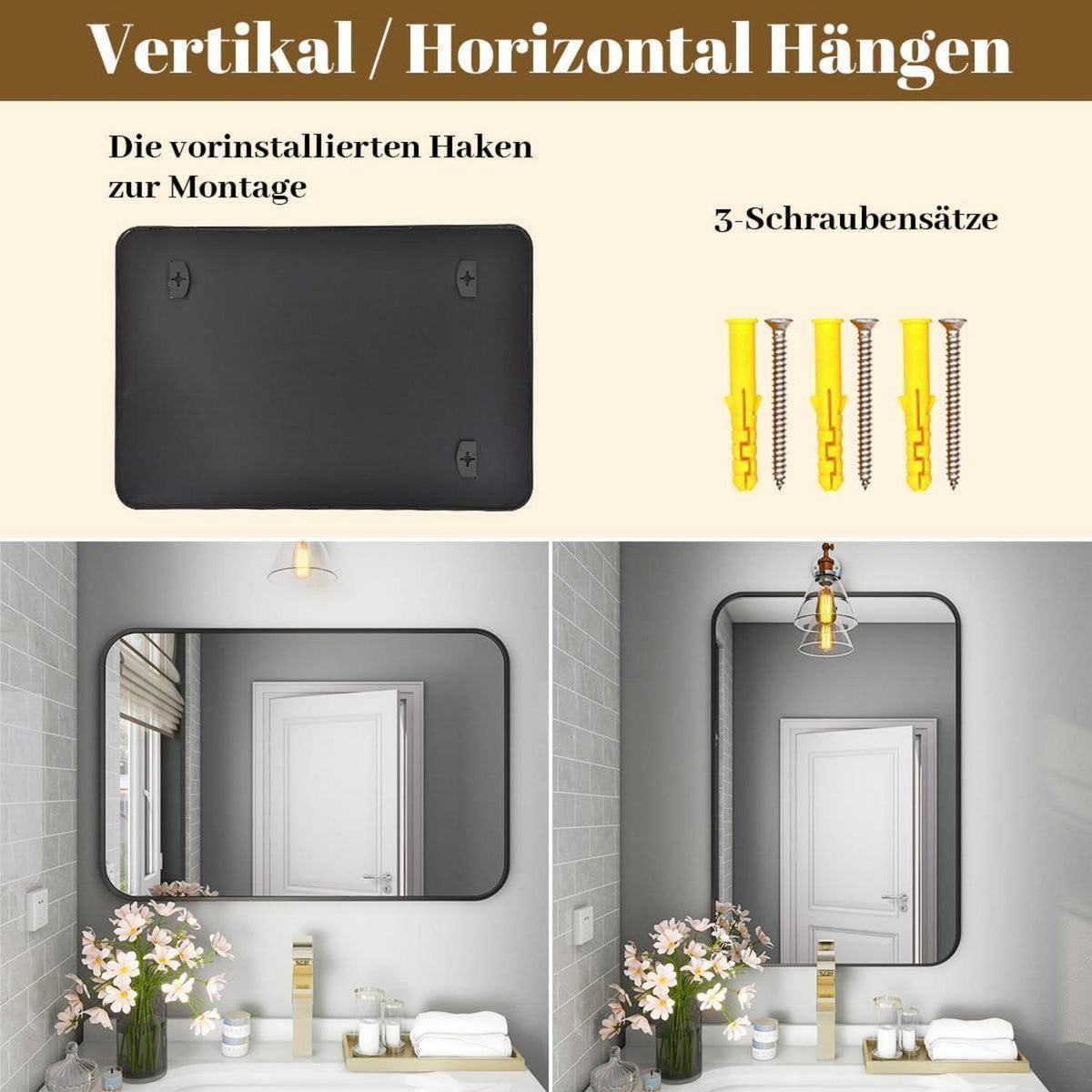Moderner Badspiegel 75x122cm mit schwarzem Alurahmen