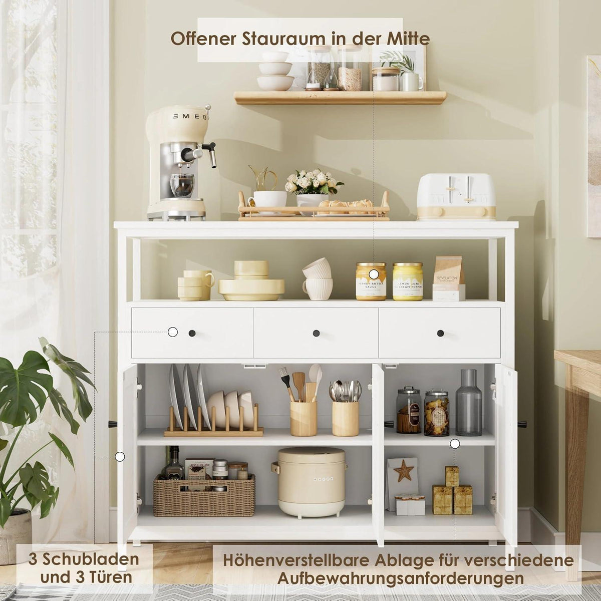 Weißes Sideboard mit 3 Schubladen & 3 Türen – Küchenkommode