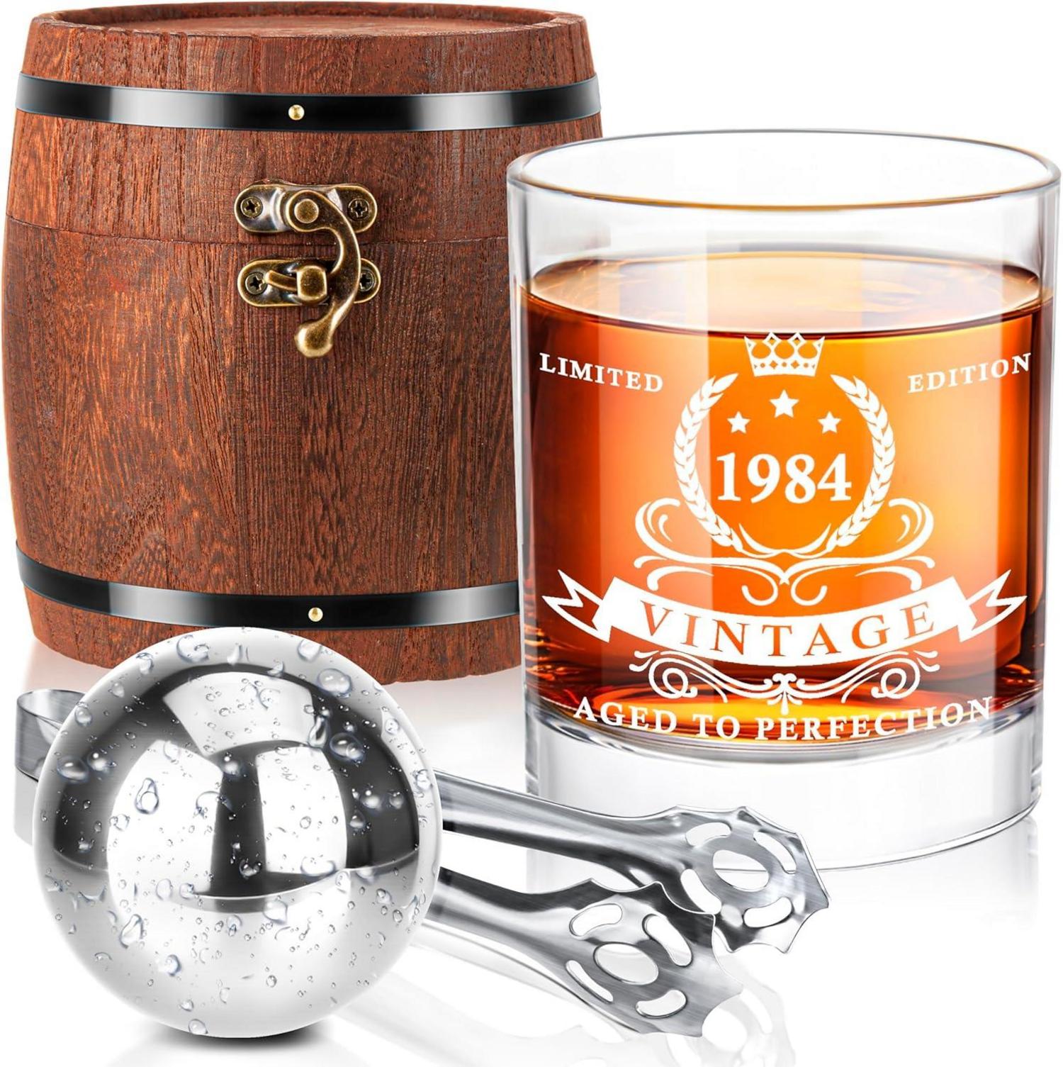 Whiskyglas-Set 1984 in Fassbox, Geschenke zum 40. Geburtstag
