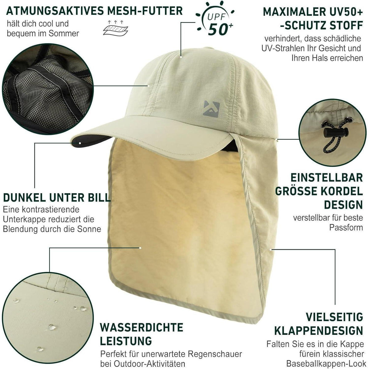 Wasserdichte Baseball Cap XL/XXL mit Nackenklappe & UV-Schutz Beige