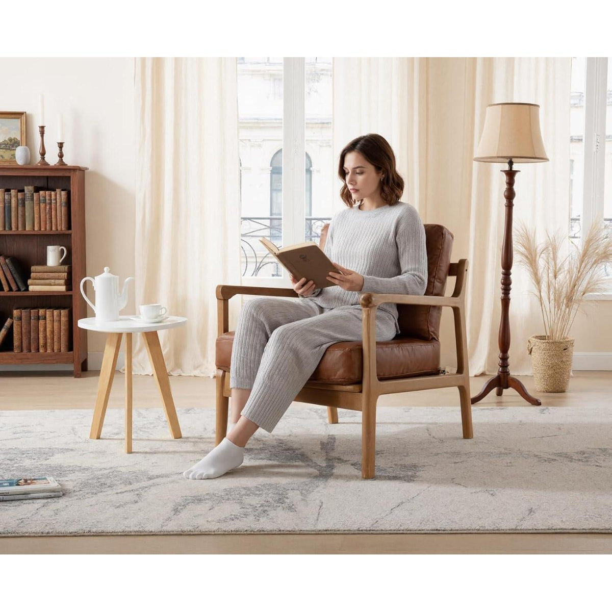 Ohrensessel Braun – Wohnzimmer Lounge Sessel mit Holzrahmen in Lederoptik