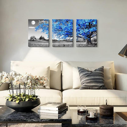 Hyidecorart Blaue Baum Leinwandbilder 3er Pack - Wanddeko