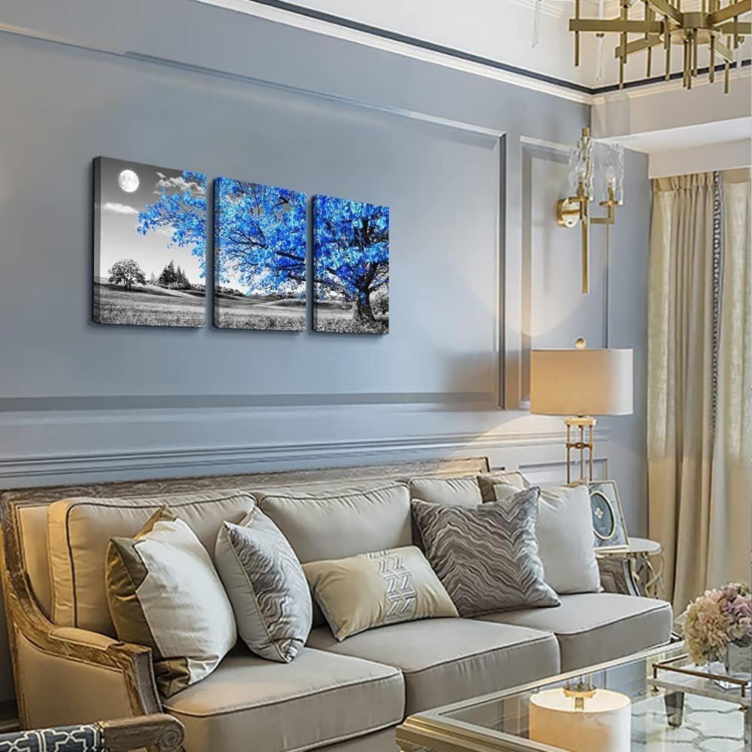 Blaue Baum Leinwandbilder 3er Set Wohnzimmer Schlafzimmer Küche