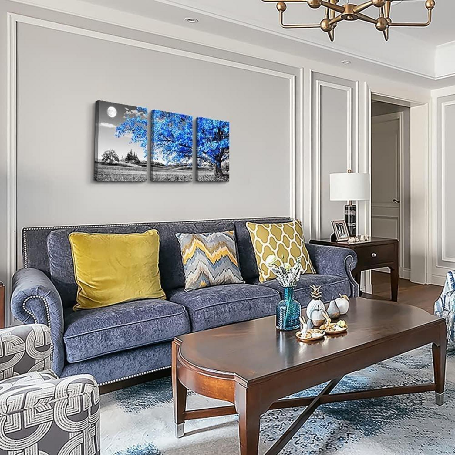 Blaue Baum Leinwand Wandbilder 3er Set für Wohnzimmer und Schlafzimmer