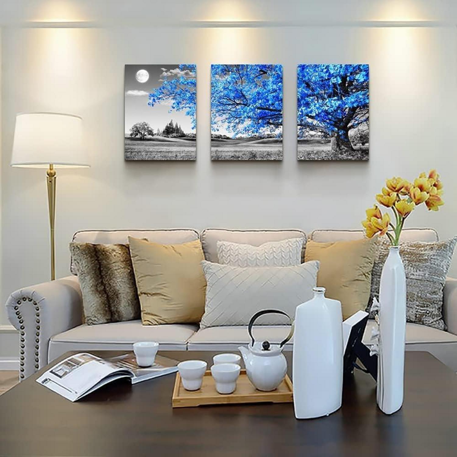 Moderne Blau Baum Leinwand Bilder Set für Wanddeko 30x40cm 3er Pack