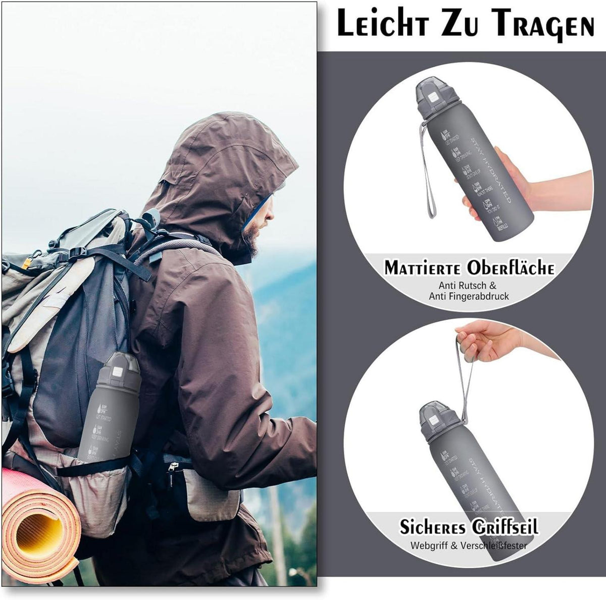 Sport Trinkflasche 1l BPA-frei Auslaufsicher mit Zeitmarkierung Grau