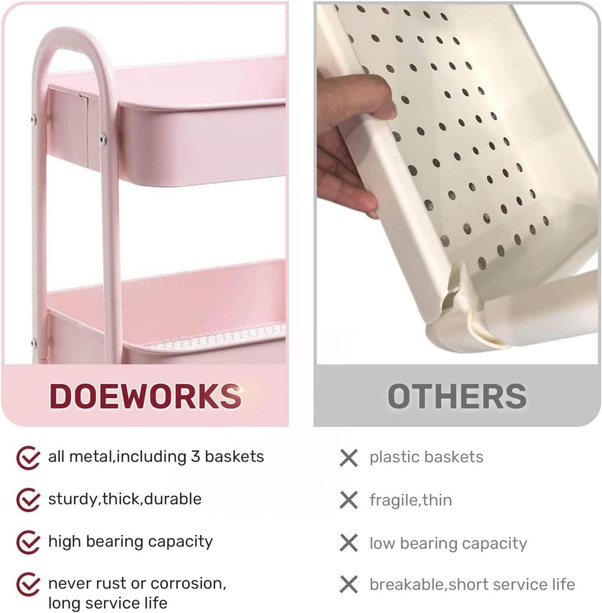 DOEWORKS Aufbewahrungswagen 3-Etagen Rollwagen Metall mit Rädern, Rose
