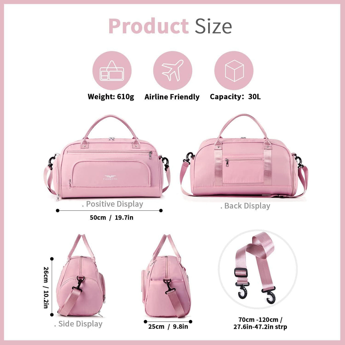 30L Sporttasche Rosa mit Schuhfach & Nassfach für Damen