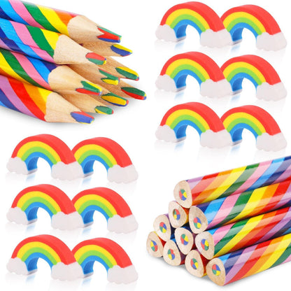 24-teiliges Regenbogen Buntstifte Set mit Radiergummis, Kinder