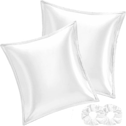Satin Kissenbezug 2er Set 60x60 Weiß mit Reißverschluss und Haargummis