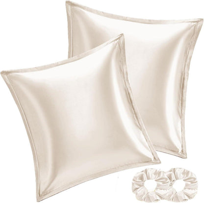 Satin Kissenbezug 60x60 Beige 2er Set mit Haargummis