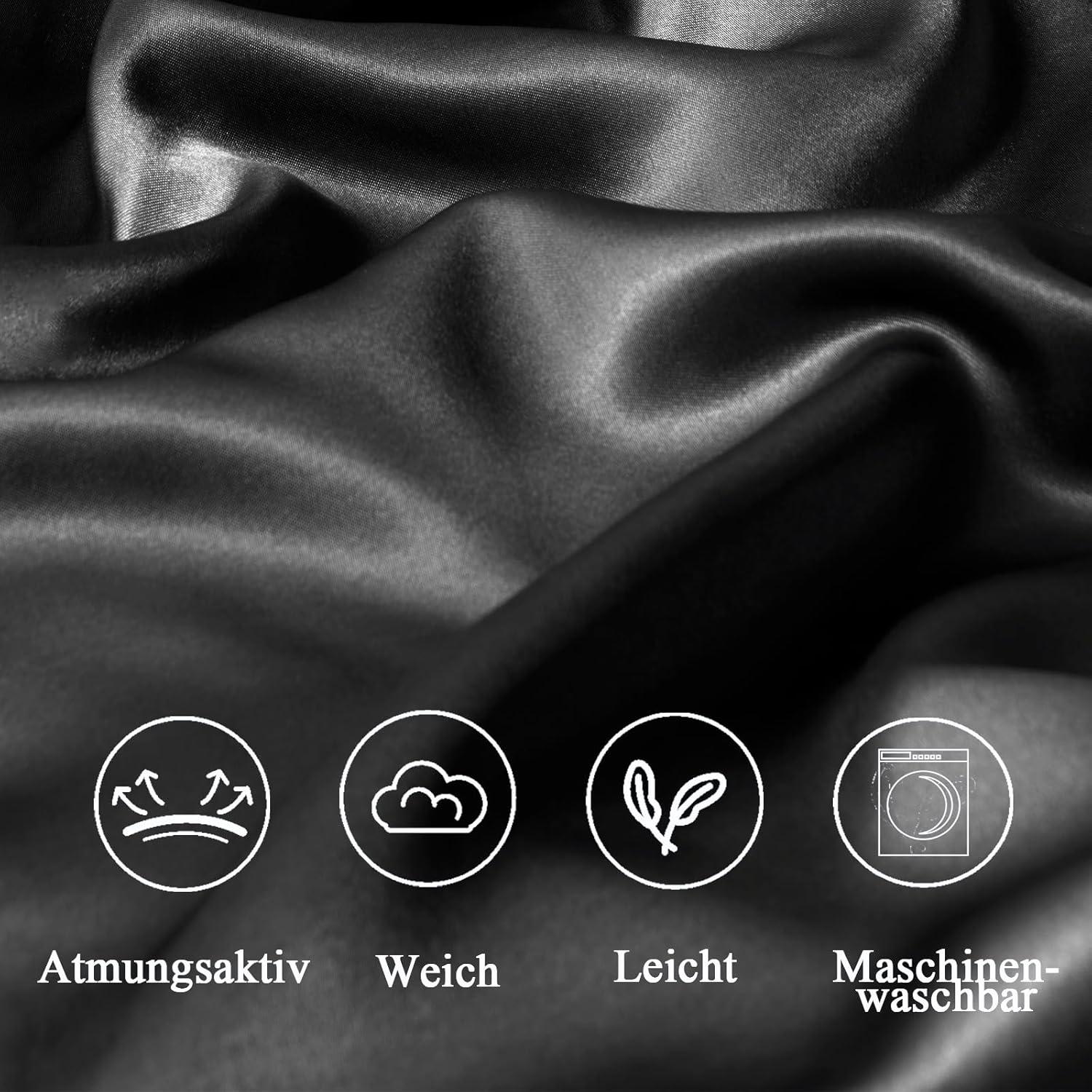 Satin Kissenbezüge 60x60 Schwarz 2er Set Haargummis Reißverschluss