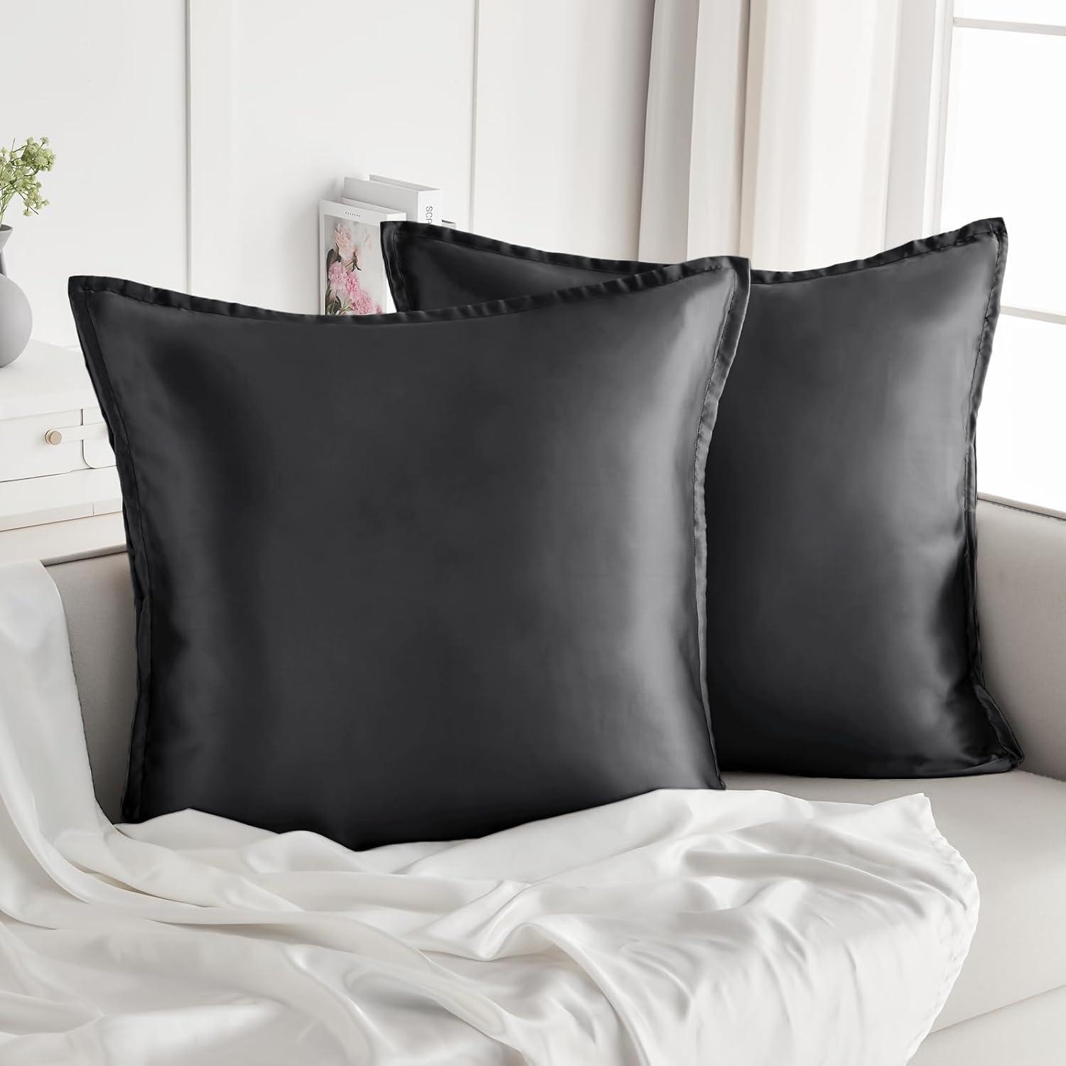 2er Set Satin Kissenbezug 60x60 Schwarz mit Reißverschluss und Haargummis