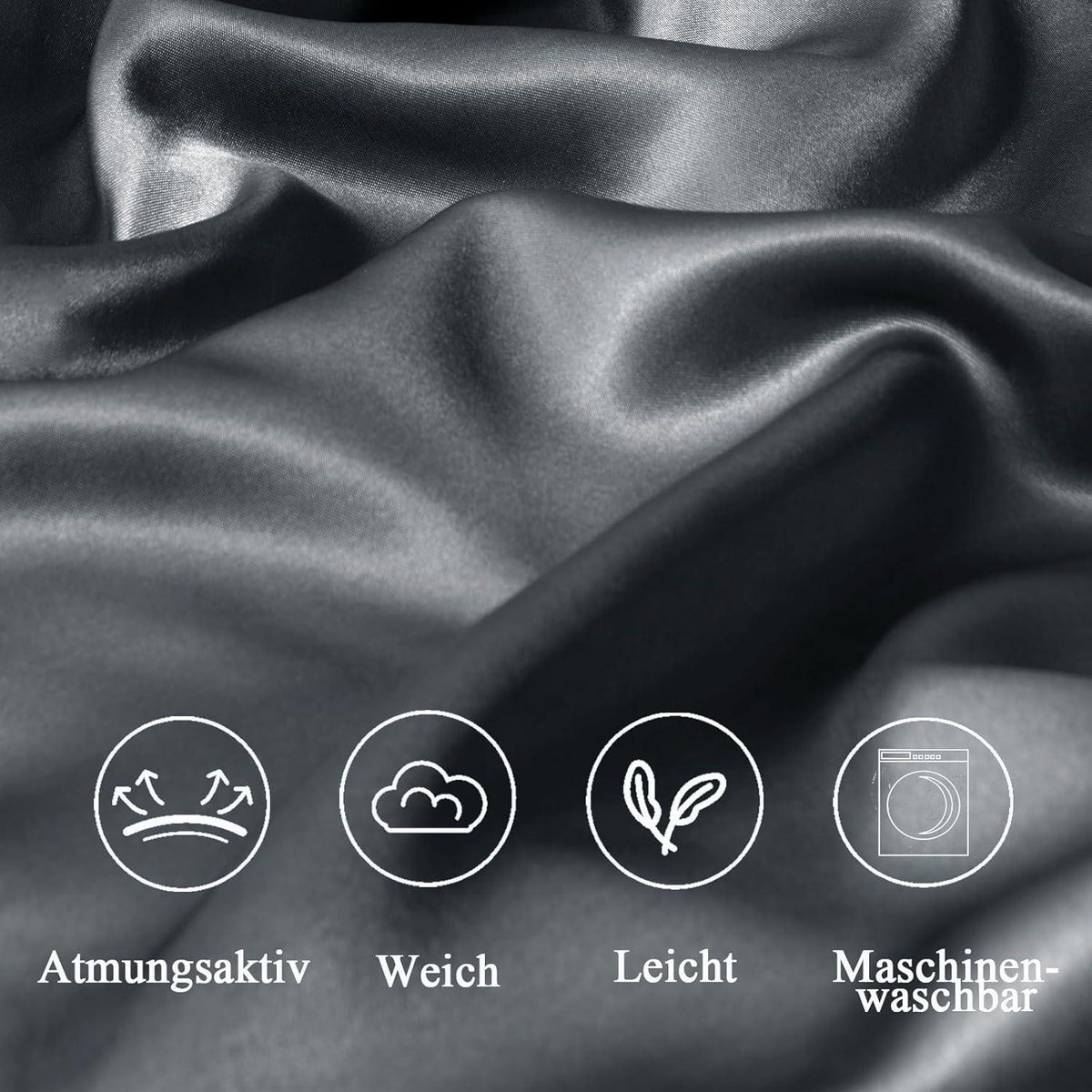 Satin Kissenbezug 65x65 Dunkelgrau 2er-Set Haargummis Reißverschluss