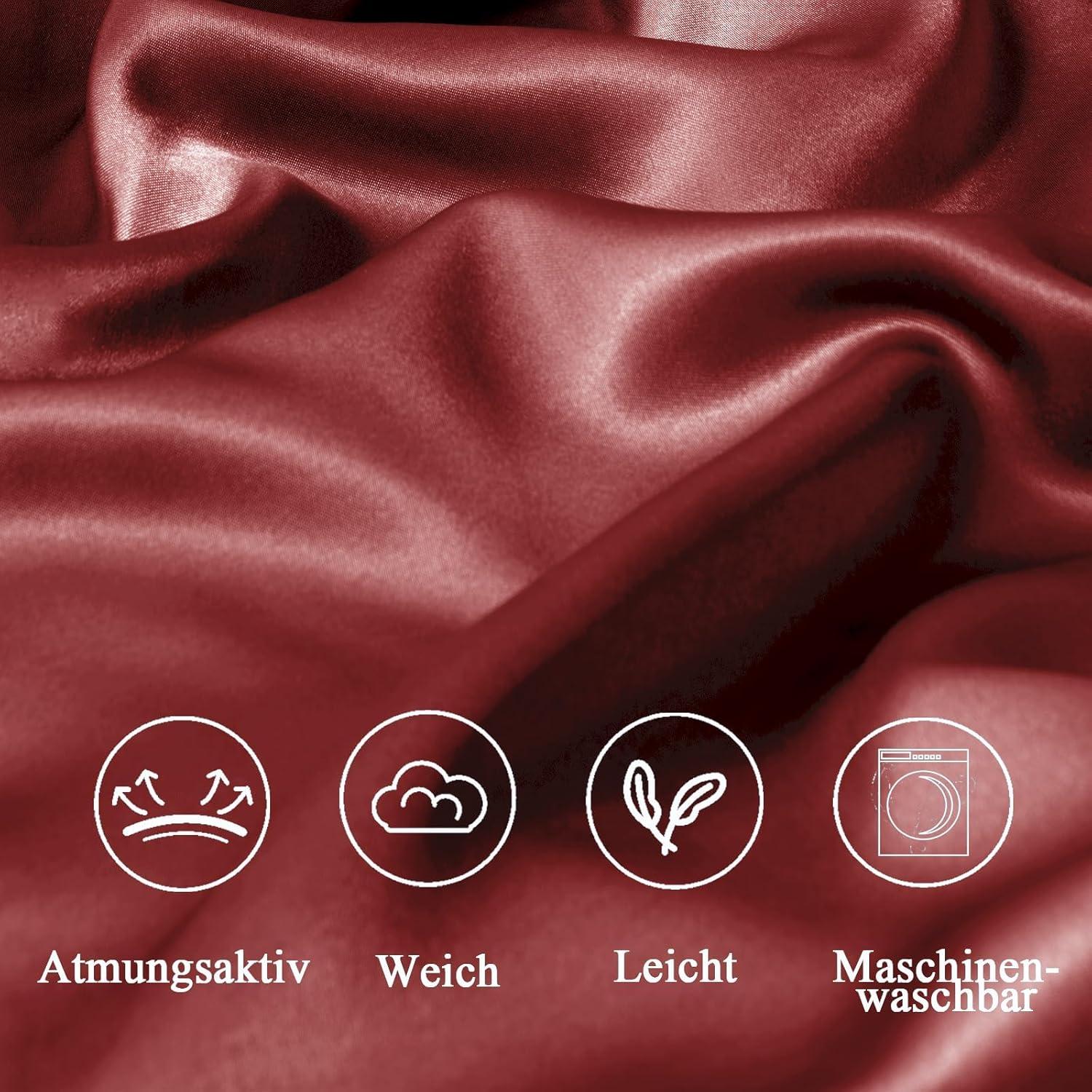 2er Set Satin Kissenbezüge 65x65 Rot Weich Seide Pflege Haar Haut