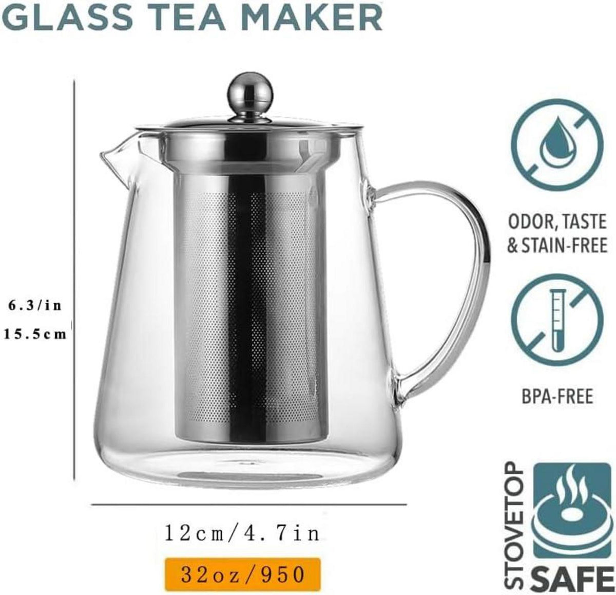 Teekanne Glas 950ml hitzebeständigem Edelstahl-Teesieb Mikrowelle
